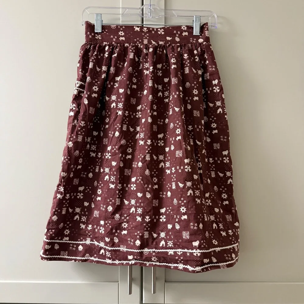Vintage Brown Folk Art Animal Print Cotton Half Apron with‎ Ric Rac Trim Pocket